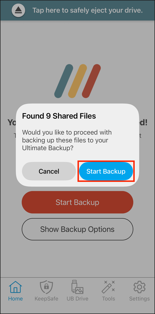Found 9 Shared Files with Start Backup highlighted
