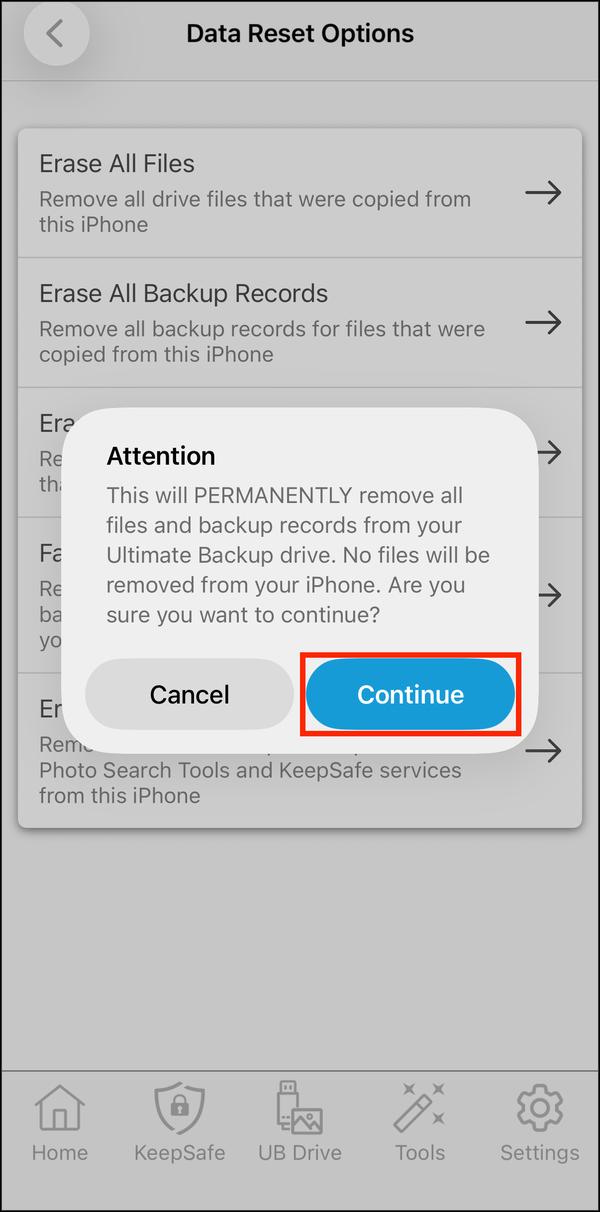 The Factory Reset prompt, Attention, with Continue highlighted