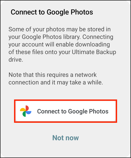 Connect to Google Photos prompt with its button highlighted