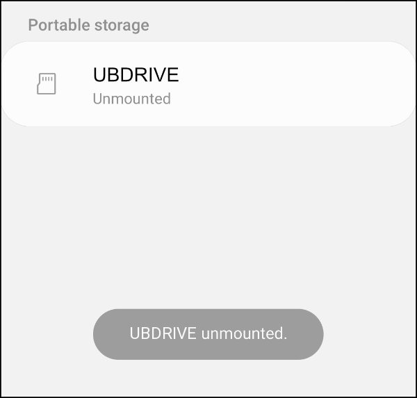 Portable storage showing UBDRIVE unmounted, with the UBDRIVE unmounted message
