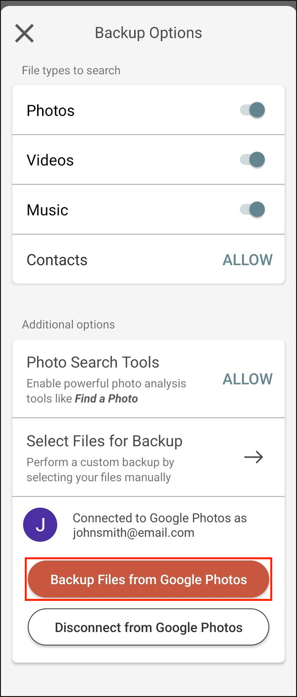 Backup Options when already connected to Google Photos, with Backup Files from Google Photos highlighted